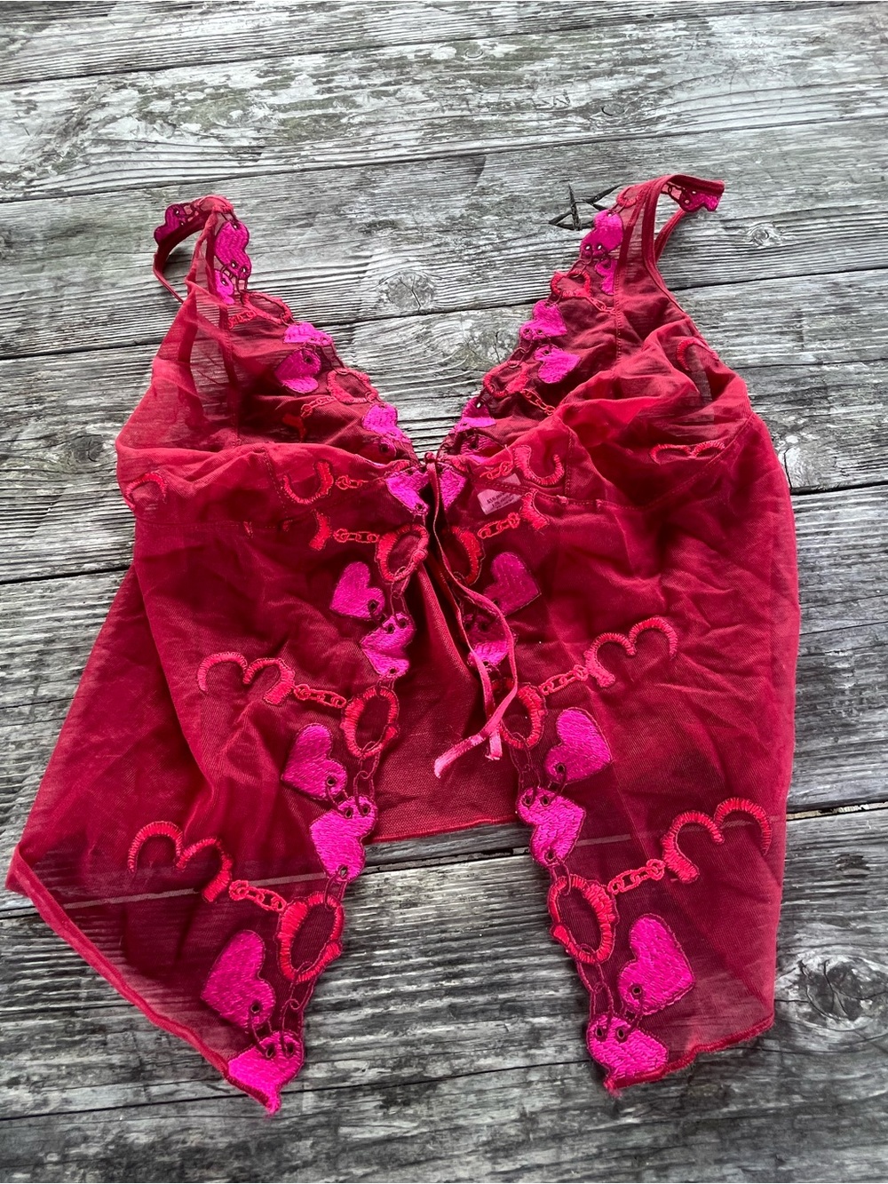 Sheer Heart-Embroidered Red/Magenta Lace Camisole sz small
